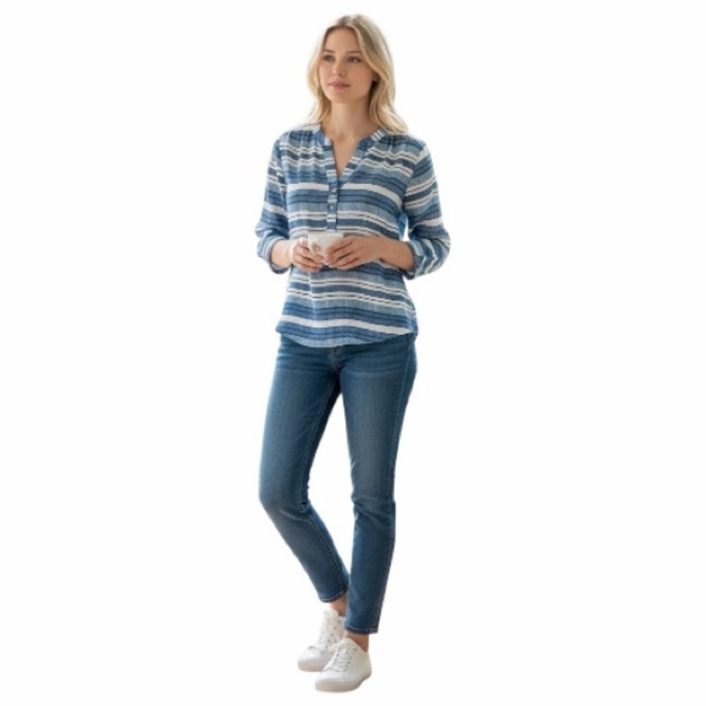 Zac & Rachel Blue Stripe Geometric Long sleeve Blouse Tulip Hem Sz M